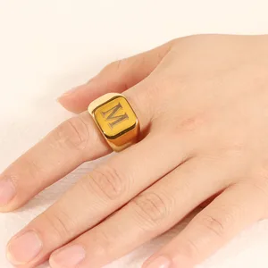 Personalized initial recording, A to Z alphabet, stainless steel signet, white smooth band, high polished, golden color, Tom Usseize 10 Main Sales Men's Stainless Steel Ring - №5