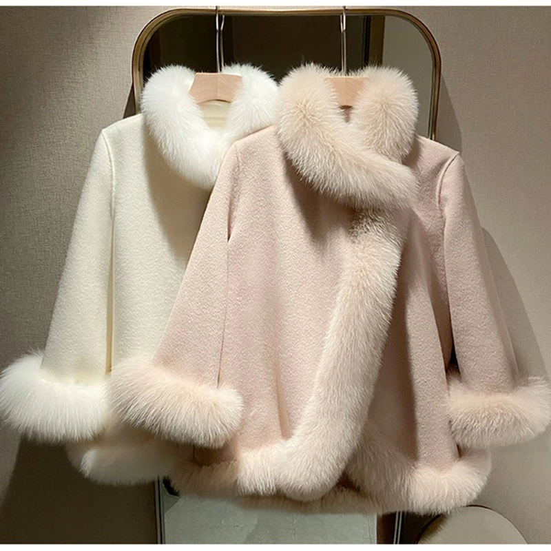 Winter Women\'s Woolen Coat Fashion Imitation Fox Fur Mid-Length Jacket Female Double-Sided Wool Cloak Thick Warm Outerwear 2025