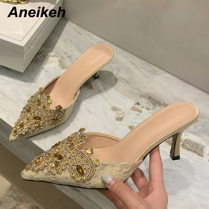 Aneikeh NEW 2024 Summer Fashion Bling Crystal Decoration Pointed Toe Thin High Heel Slipper Lace Elegant Women Party Mules 35-39