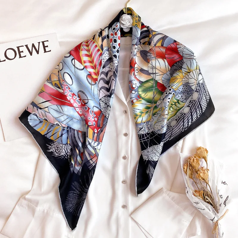 KOI LEAPING new Retro feather fashion Hand stitch twill silk 90 large square scarf decorative silk scarf shawl gift