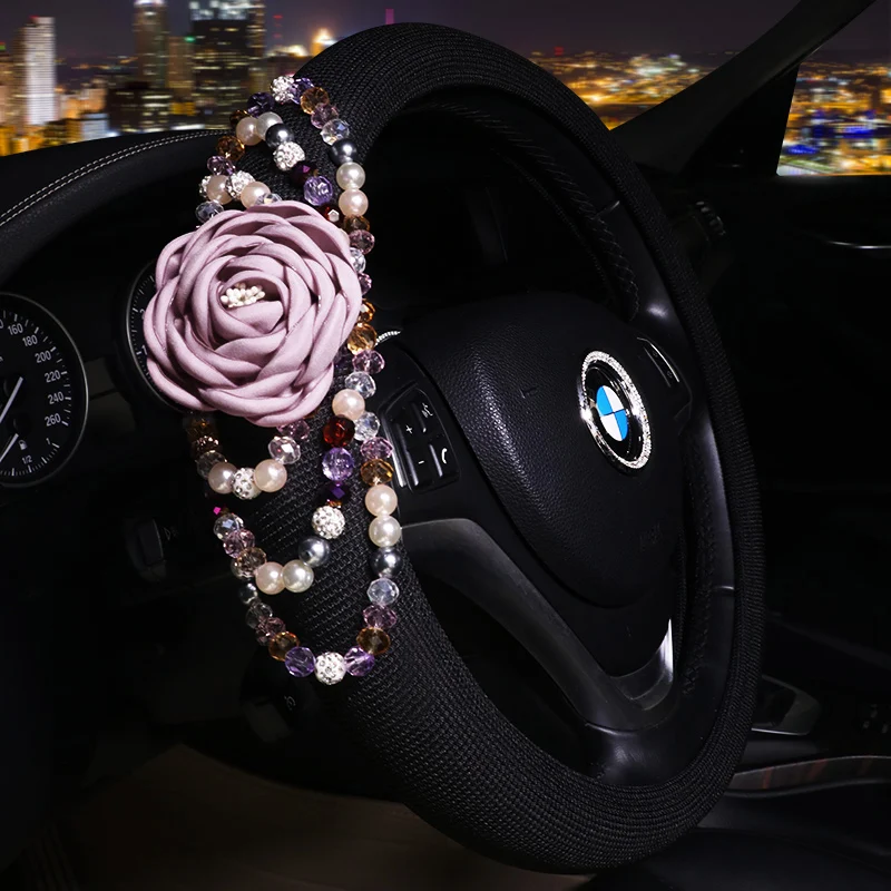 Mesh Pearl Flower Car Interior Decoration Accessories Set Headrest Pillow Steering Wheel Cover Gear Handbrake Cover Seat Cushion