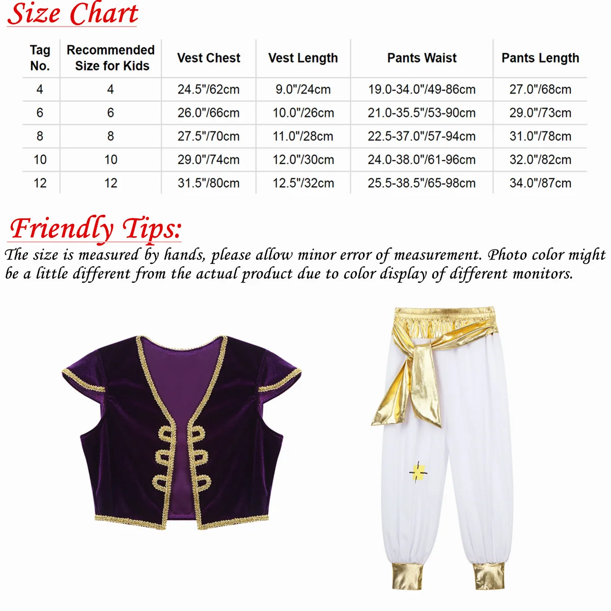 Kids Boys Arabian Prince Cosplay Costumes Satin Shiny Golden Braided Trimmings Vest Waistcoat with Pants Set for Halloween Party