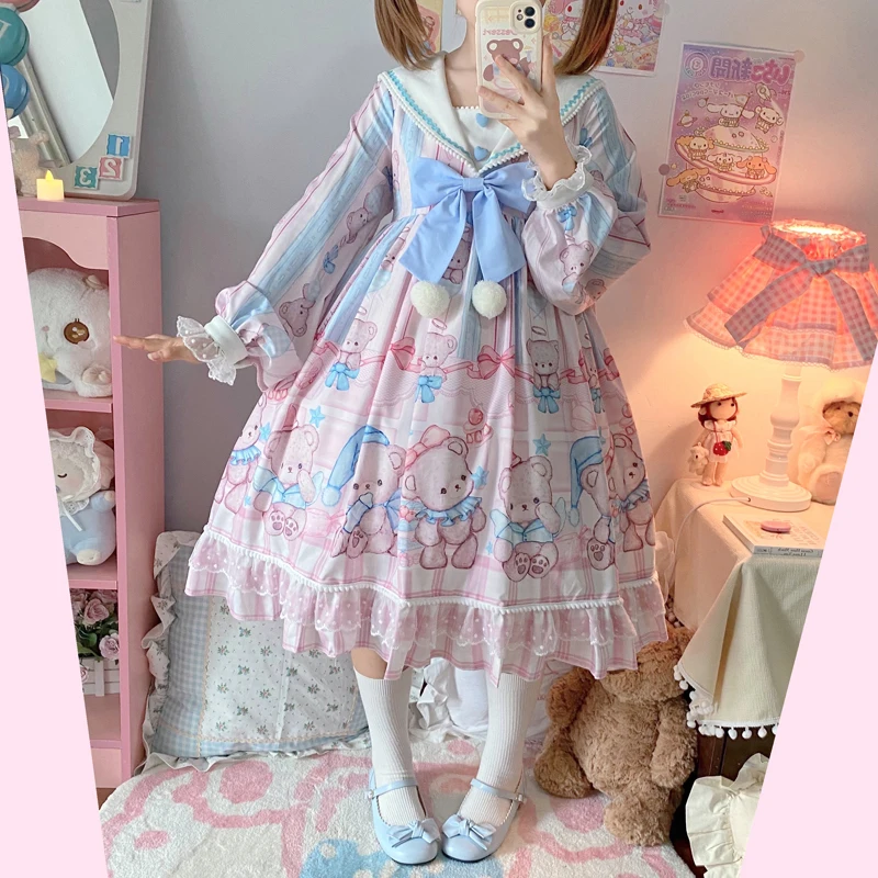 Sweet Lolita Style Japanese Soft Girly Dress Cute Sailor Collar Cartoon Bear Printing Kawaii Bow Full Sleeve Lace Ruffles Dress