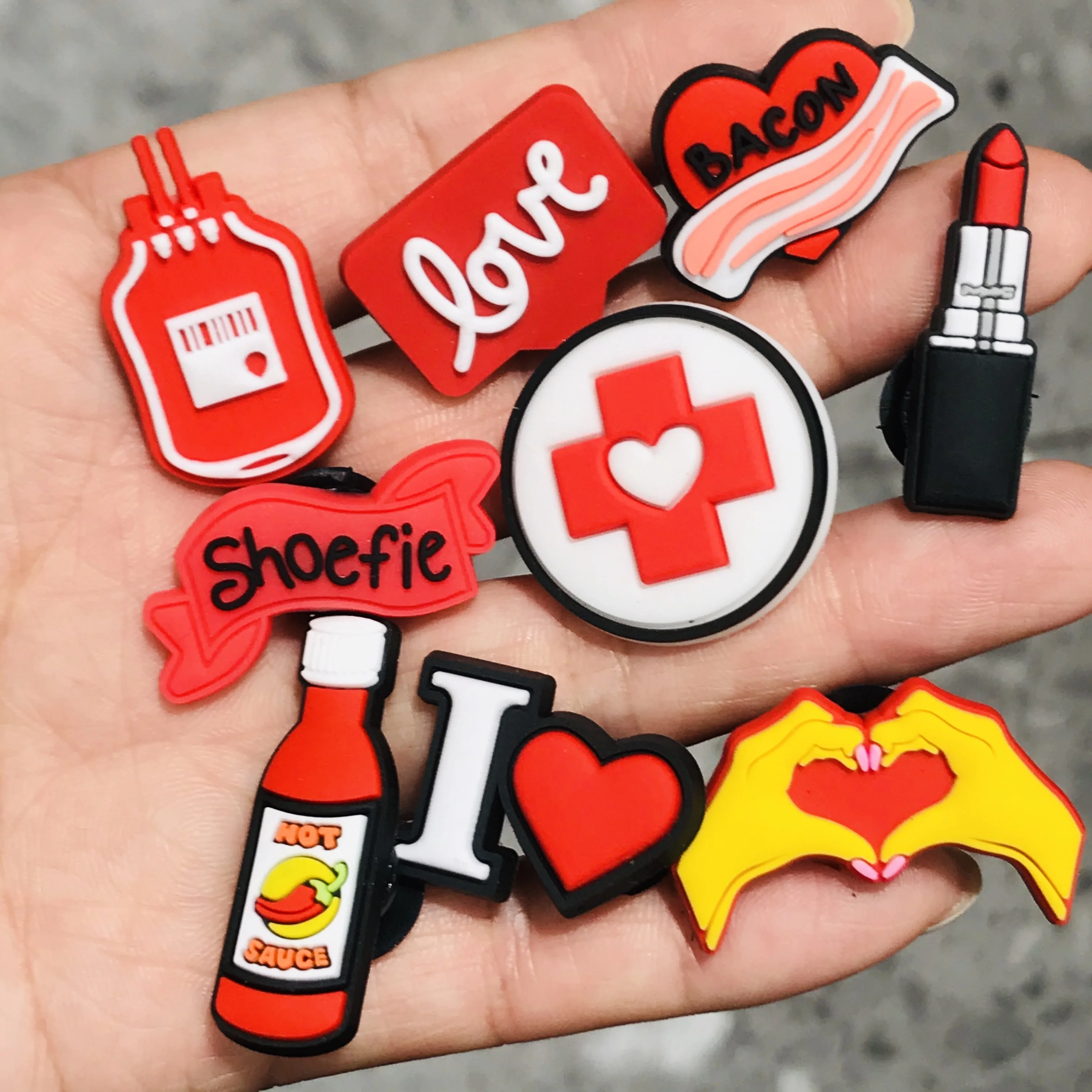 1Pcs Love Bacon Lipstick Shoelife Heart PVC   Shoe Charms Shoes Decoration Accessories Buckle For Wristbands Kids Gift