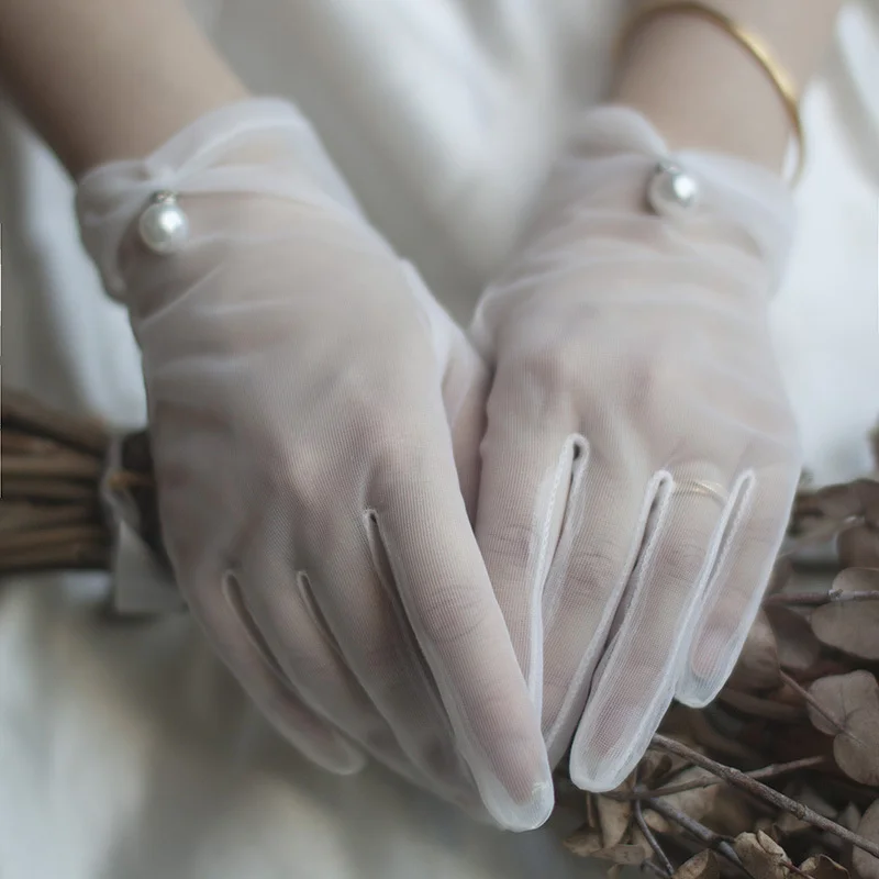 Gants de mariage en mousseline de soie de haute qualité, nœud court blanc, doigt de perle, gants de mariée pour femmes, accessoires de fête de mariage