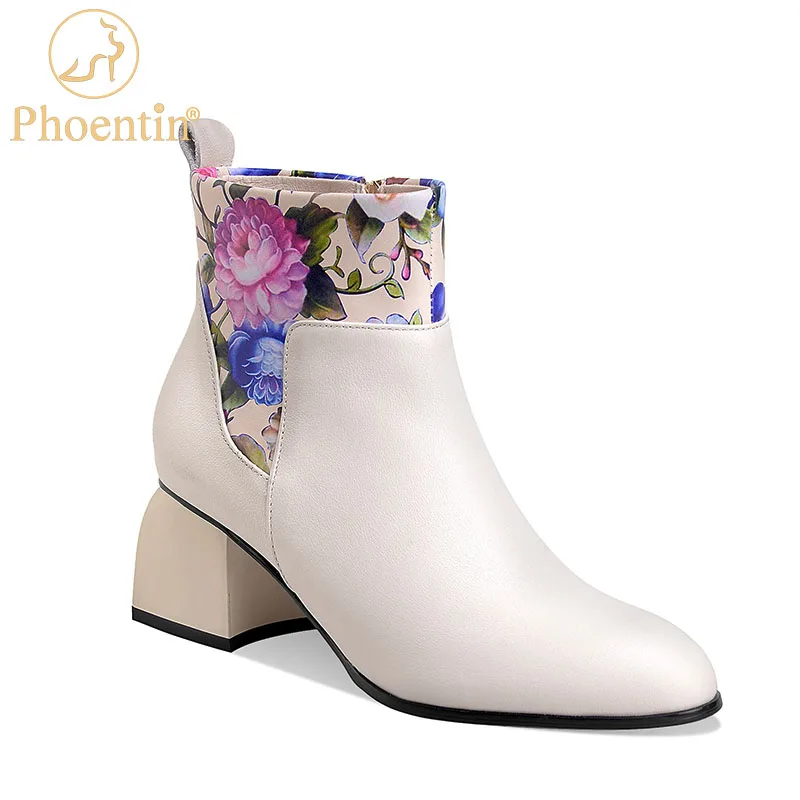 Phoentin plus size 43 Genuine Leather floral print white Winter Boots Woman round Toe Ankle boot High Heels Shoes Black FT1310