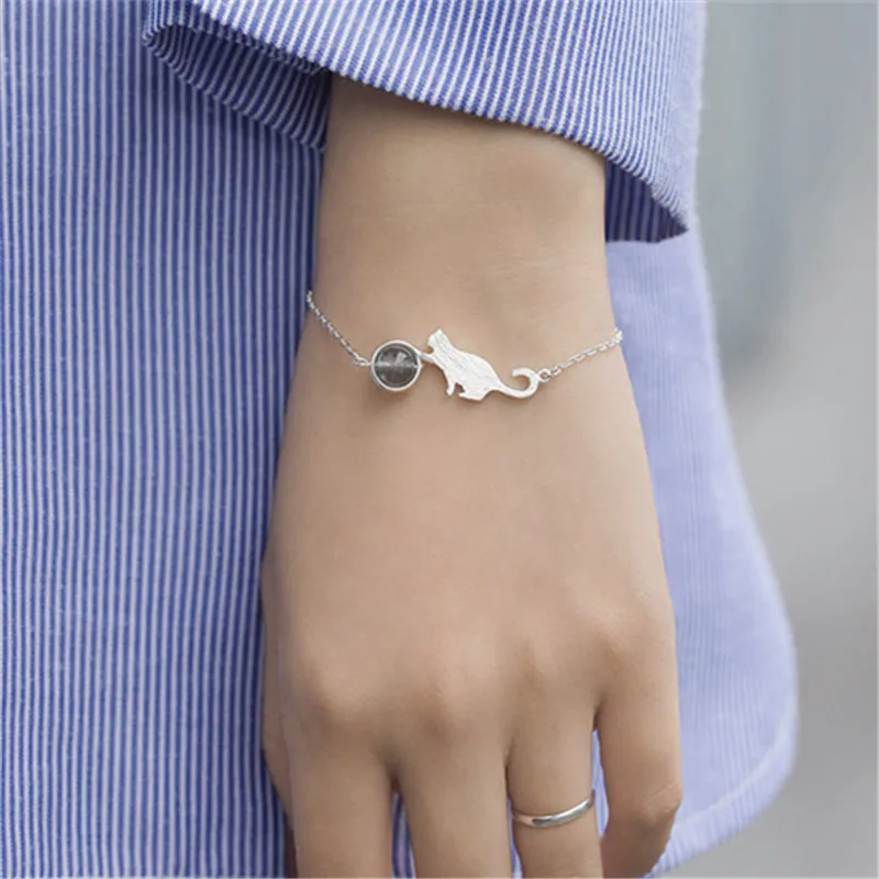 

925 Sterling Silver Crystal Cat Round Bead Charm Bracelet For Women Gift Elegant Bracelets & Bangles Silver Jewelry