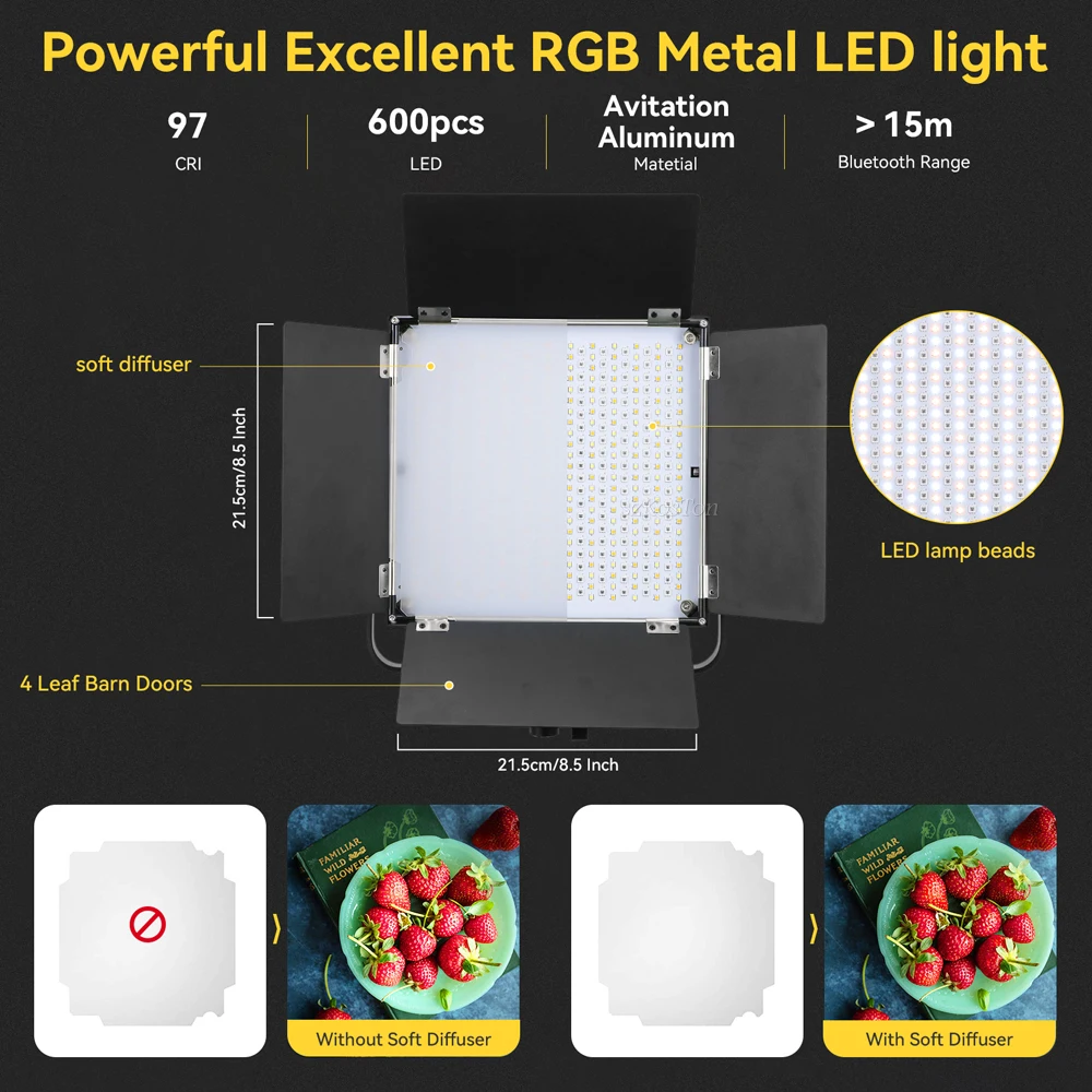 RGB Video Light LED Photography Panel Lamp Dimmable 2600-10000K 360° Full Color CRI 97 For YouTube Photo Live Camera Fill Light