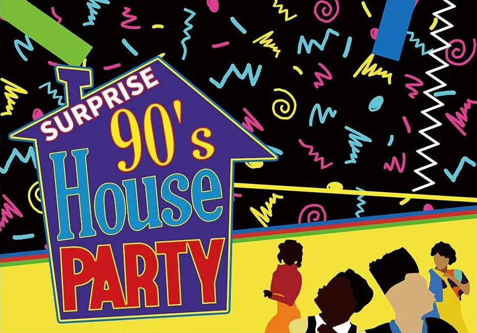 90s House Party Backdrop Bounce House Birthday Party Decoration Banner Surprise 1990s Bday Music Dance Background Supplies