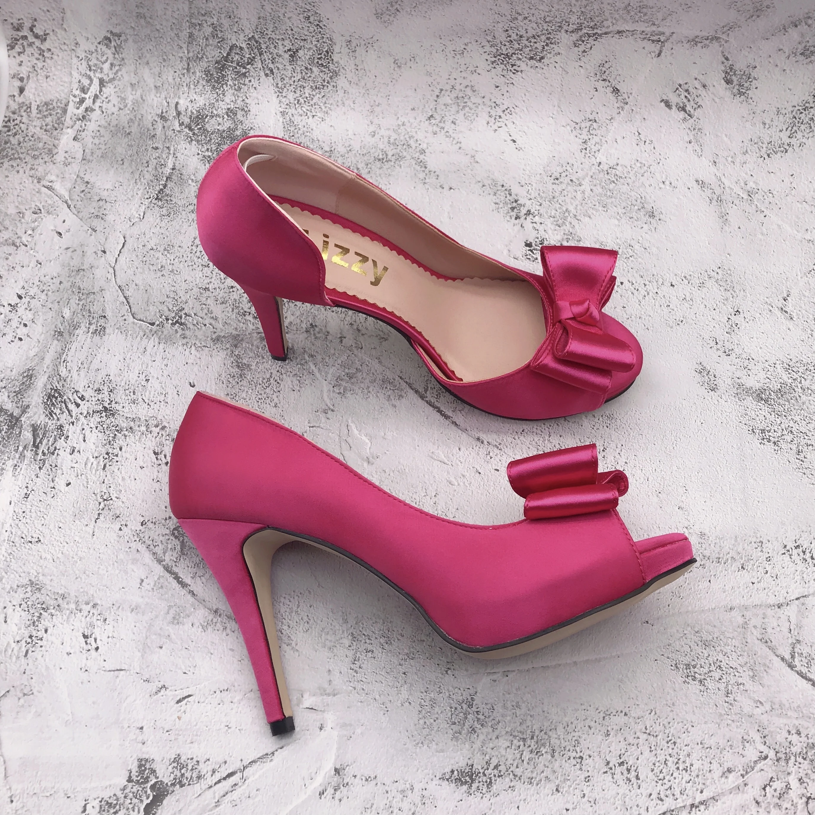 BS1344  Custom Made Peep  Toe Women Shoes Dress Pumps Bridal Wedding Shoes  Fuchsia Pink Bow Shoes With Matching Bag Set