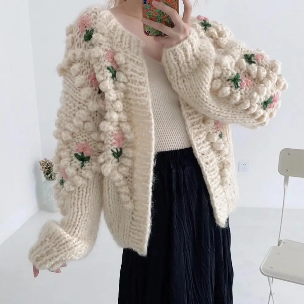 2020 embroidery Knitted Sweater Women Cardigan Befree Harajuku Flower Pull Femme Hiver Leisure Time Coat Truien Dames Autumn