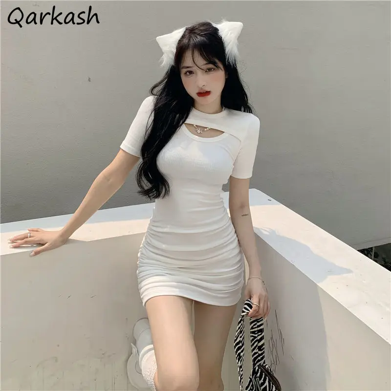 

Dress Women Skinny Hot Girls Sexy Club Street Bust Hollow Out Short Sleeve Thin Mini Female Abdomen Inside Clothing Fashionable