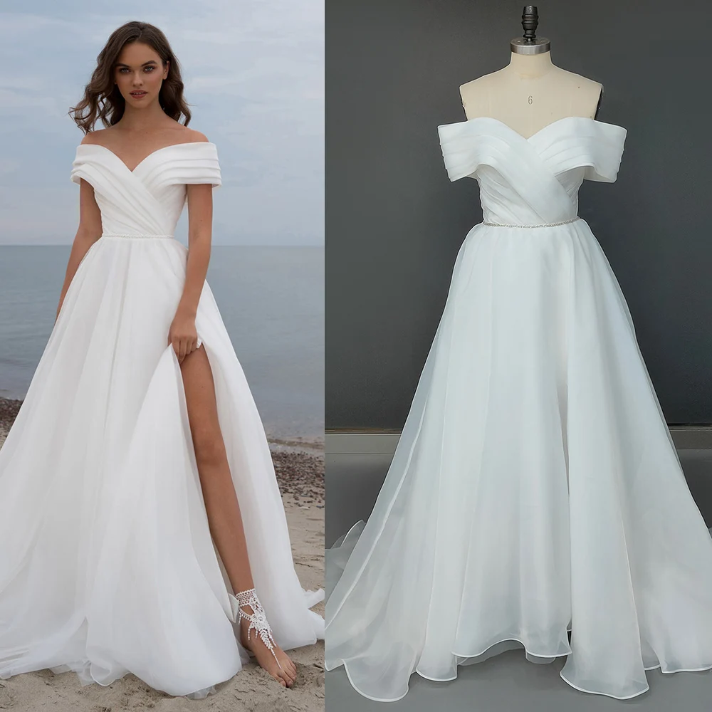 Abito da sposa da spiaggia semplice incrociato con spalle scoperte su misura Plus Size avorio Backless increspato Organza semplici abiti da sposa lunghi