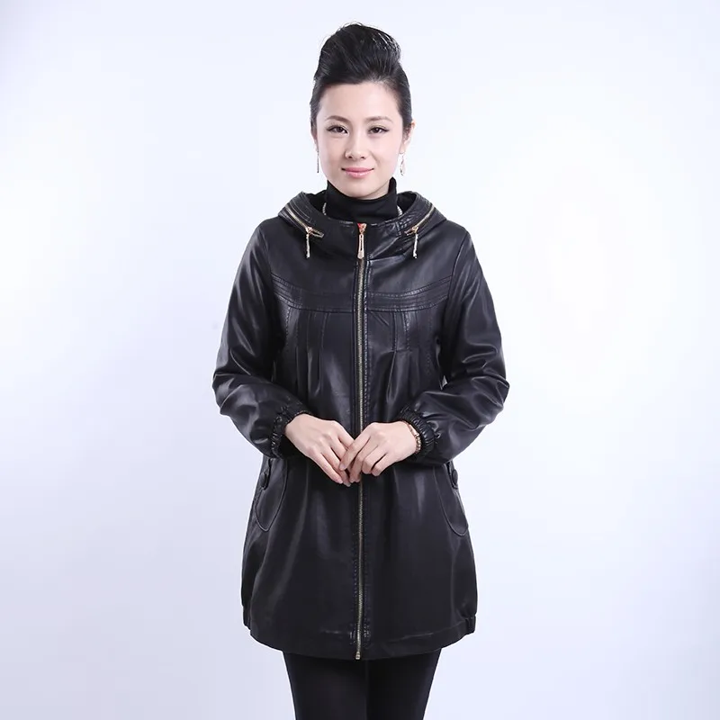 Autumn and Winter Women\'s Black Casual Fashion Loose Hooded Leather Jacket