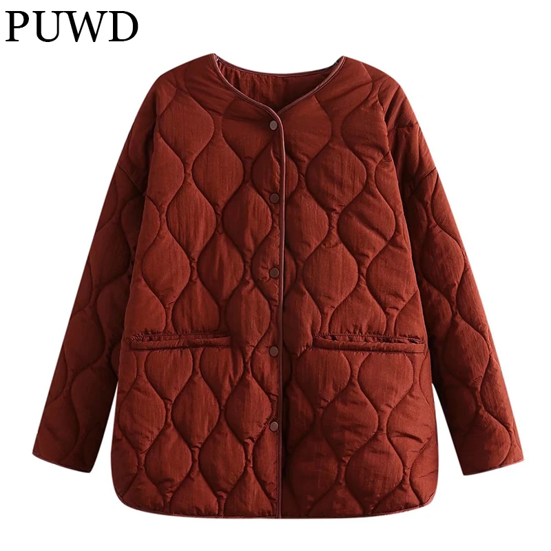 PUWD Retro Women Quilted Solid Diamond Check Cotton Jacket 2021Autumn Winter Casual Pocket Parka Trend Loose Female Chic Outwear