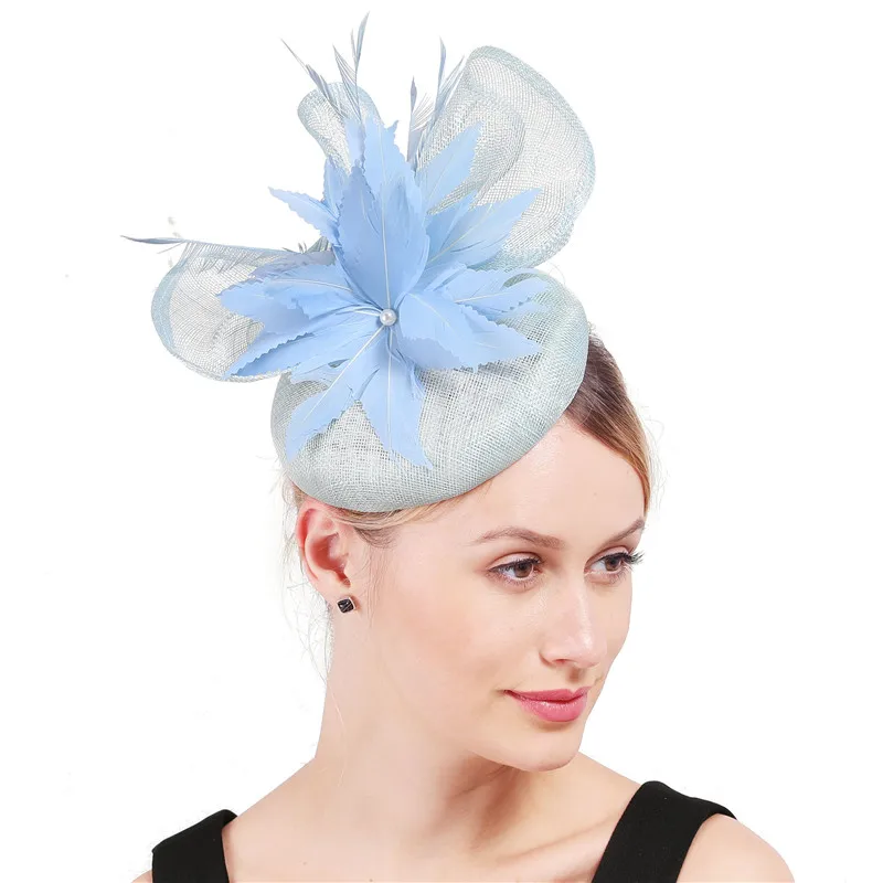

High Quality 4-Layer Nice Sinamay Wedding Hair Fascinator Hats Women Elegant Race Derby Headpiece with Headband Fancy Feather