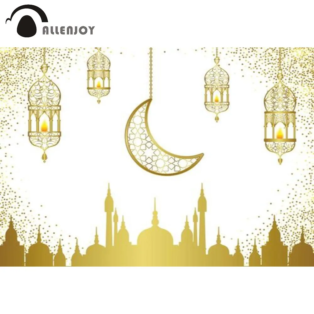 Allenjoy Backdrop Ramadan Kareem Festivals Mosque Eid Mubarak Golden Moon Sand Islamic Lamps Home Decor Photo Background Props