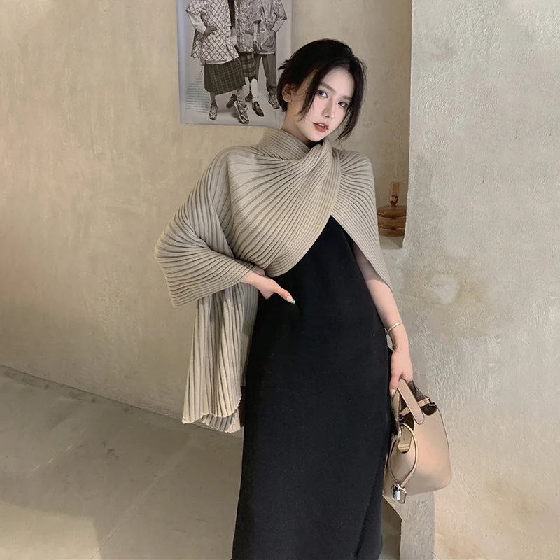 Women Cape Sweater Casual Scarves Solid Loose Knitted Shawl Ladies Tops Poncho Mujer 2021 Spring Vintage Long Black Dress W217