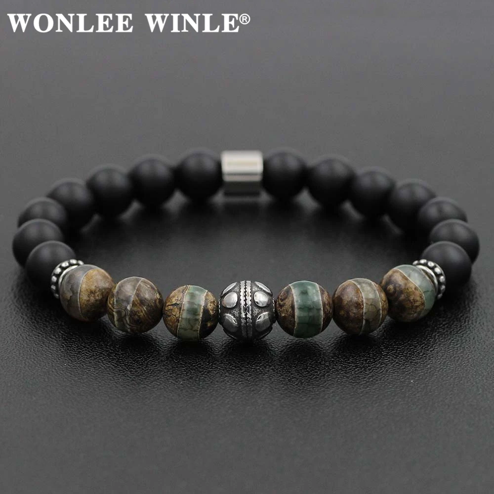 8mm Natural Stone Beaded Stretch Bracelets for Men&Women Stainless Steel Round Ball Charms Strand Bangles