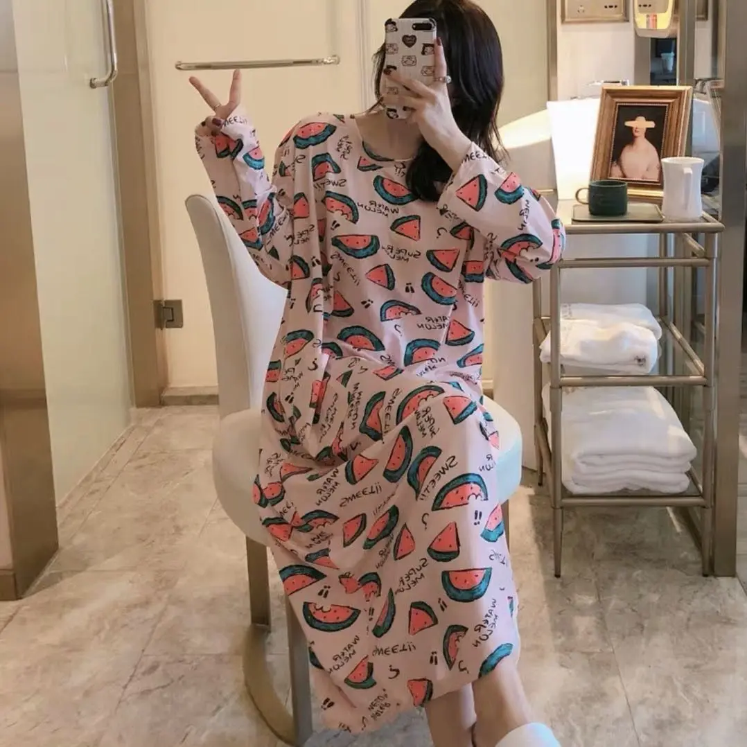 Oversize 5XL Women Nightgown Sleepwear Sweet Pink Strawberry Nightdress Modal Long Sleeve Long Home Dress Spring Autumn Dress