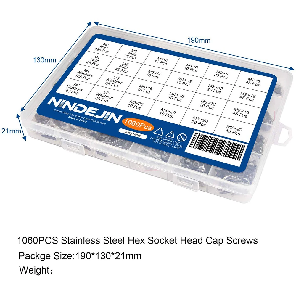 Imagem -03 - Hex Socket Screw Conjunto Parafusos de Cabeça Chata de Aço Carbono Parafusos e Porcas Variedade Kit com Caixa de Armazenamento 1060 Pcs m2 m3 m4 m5
