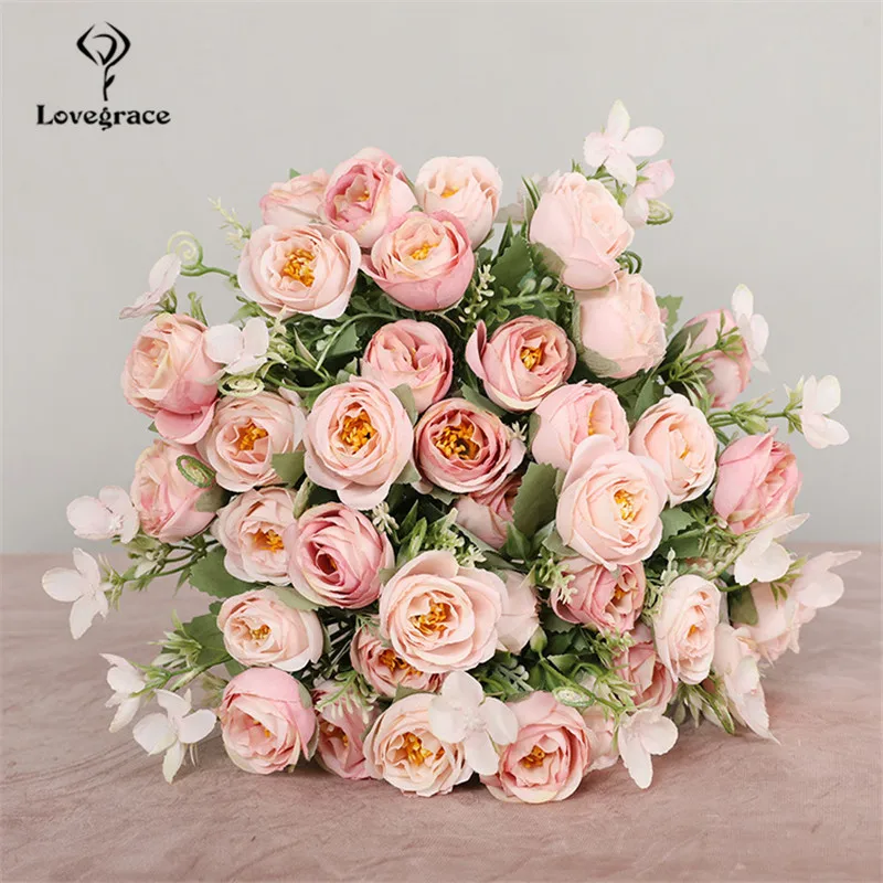 Loveglace – Mini Bouquet de roses artificielles en soie, 5 fourchettes, fausses roses, pour un mariage, pour une fille, pour un décor de maison