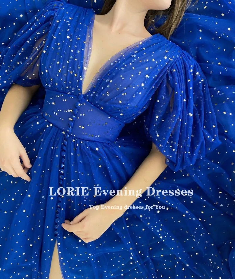 LORIE Royal Blue Prom Dresses scollo a v Cap Sleeve Stary maniche corte abiti da sera arabi Tulle a-line Celebrity Party Dress