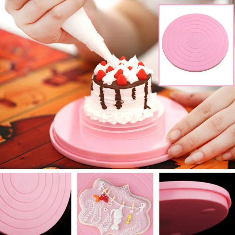 Bakeware Tools Silk Flower Tool 14CM Round Pink Revolving Decoration Turntables Rotating Cake Stand Baking Plate