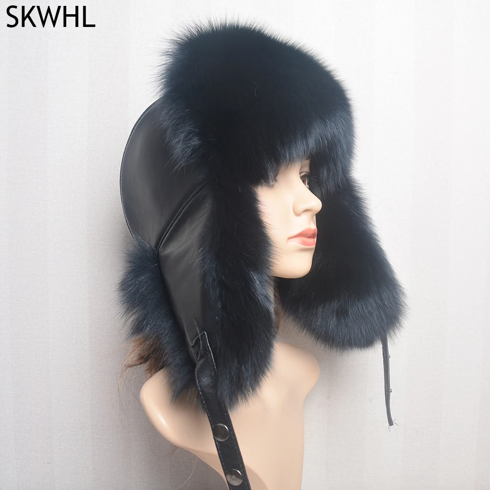 Women Outdoor Windproof 100% Real Fur Hat Natural Silver Fox Fur Russian Ushanka Hats Winter Thick Warm Ears Fashion Bomber Cap