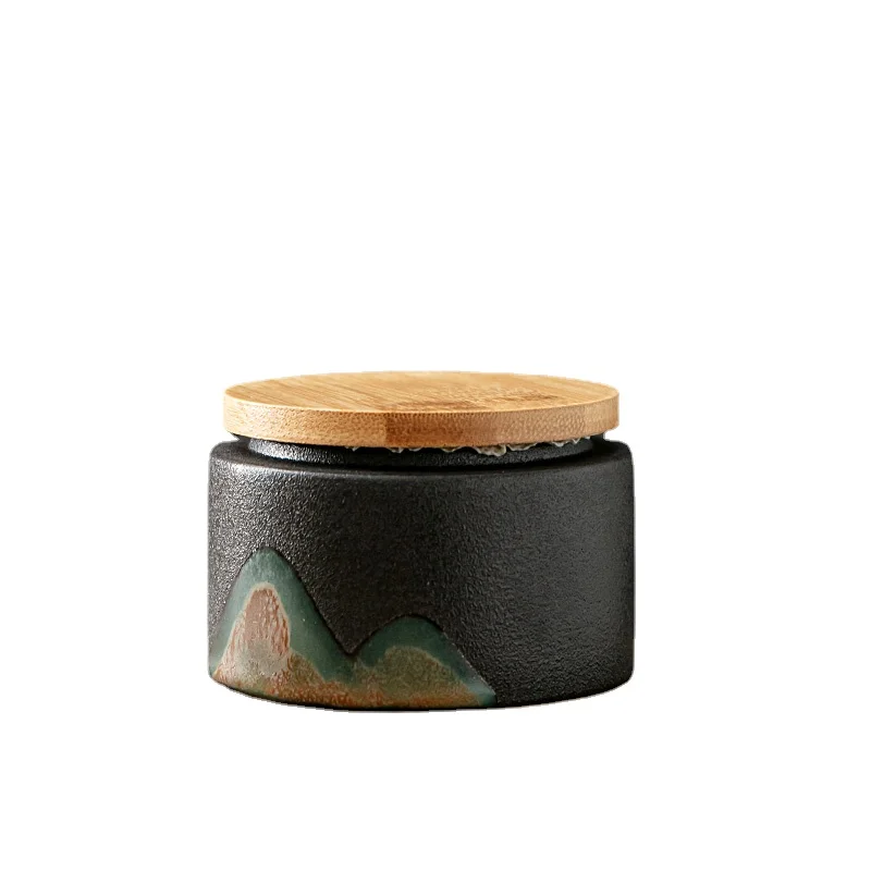 Cylindrical Mini Ceramic Tea Caddy with Wooden Lid Retro Household Sealed Bottle Box Candy Jar Jewelry Box Gift Jar Home Decor