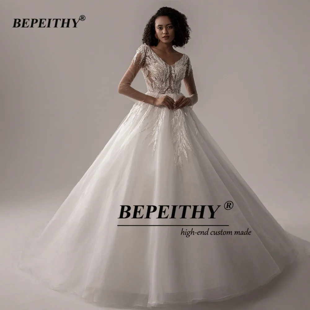 BEPEITHY-vestido de novia blanco con espalda descubierta para mujer, traje de novia de manga completa con cuello en V y cuentas transparentes, color marfil, 2023