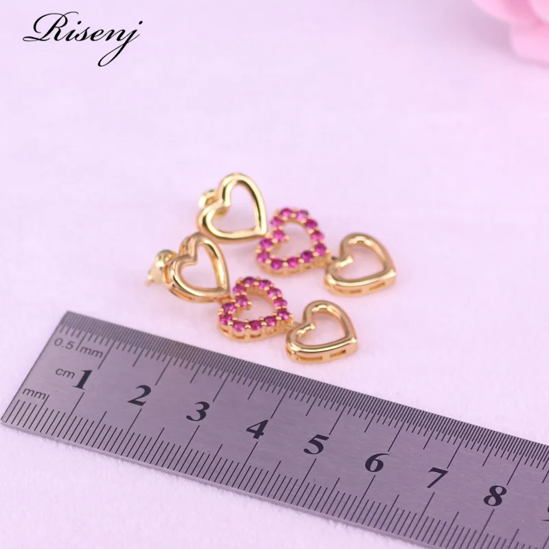 3 Colors Rose Red Zircon Heart in Heart Square 18k Gold Jewelry For Female Stud Earrings Bracelet Set Best Birthday Present