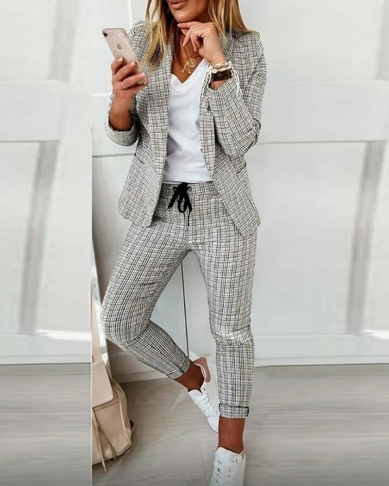 

Casual Blazer Plaid Print 2pcs Sets Jacket + Trousers Clothing Suit Women Clothes Set 2022 Spring New Style