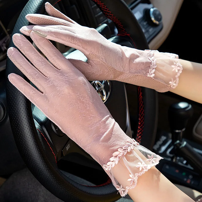 Summer Sunscreen Sexy Lace Women Driving Outdoor Thin Breathable Non Slip Medium Gloves Touch Screen Exquisite Female Elasticity