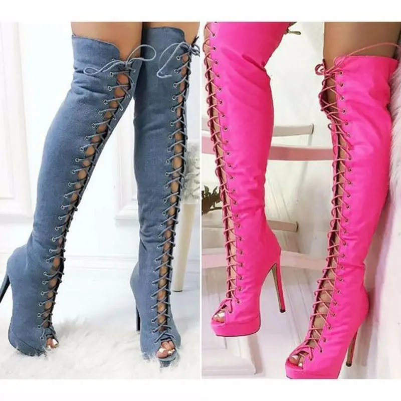 

Denim Front Lace-Up Boots Over The Knee Fashion Gladiator Toe Boot Cut Outs Cross Tied Sexy Female Autume Winter Boots Shoes