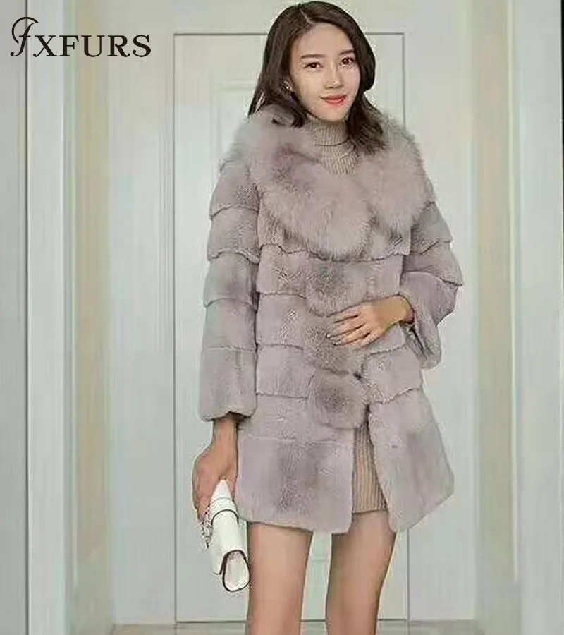 Fxfurs casacos longos de pele de coelho rex e listras com gola de pele de raposa, casaco longo e quente para o inverno feminino casual russo, novo, 2020