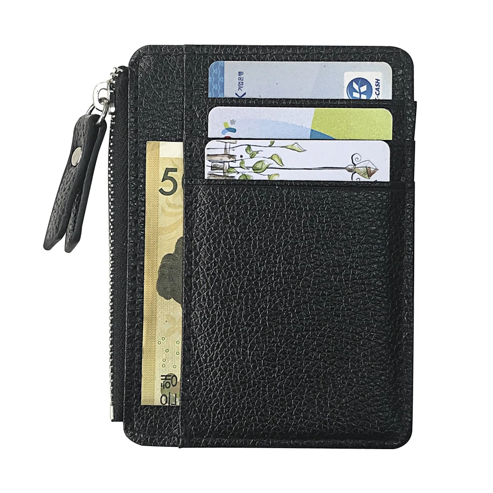 Black Lichee Pattern Leather Multi-purpose Card Wallet Unisex Small Zipper Coin Purse Men's Credit Card Bag ID Card Holders