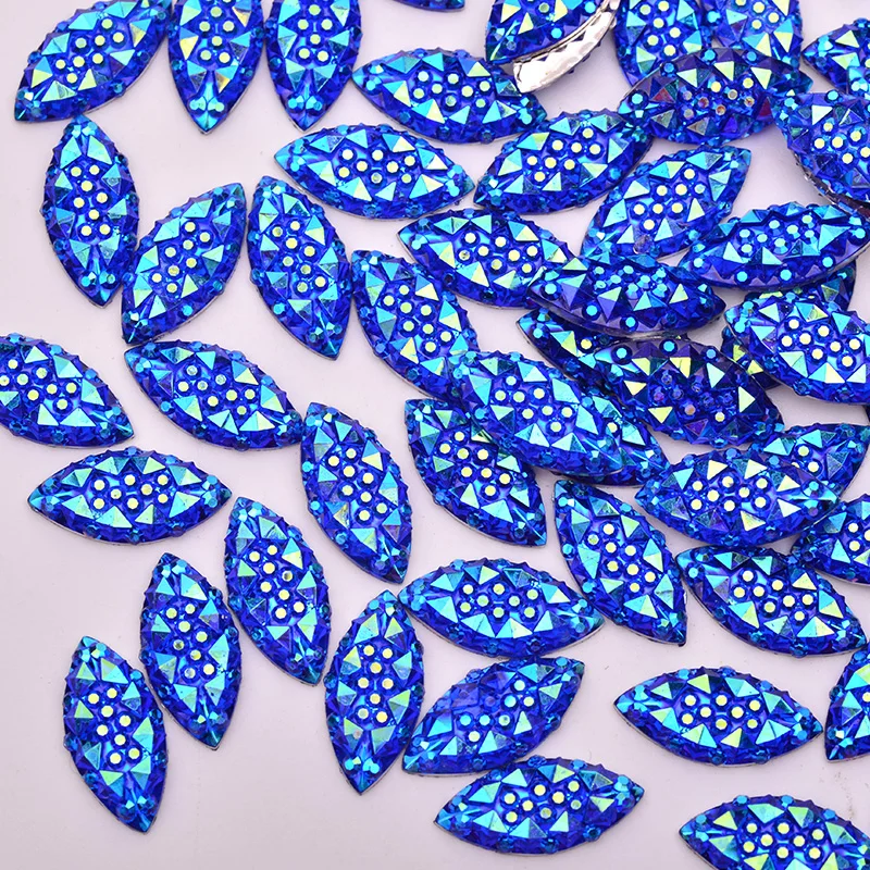 JUNAO 100pcs 7x15mm Blue AB Horse Eye Crystal Resin Rhinestones Glitter Flatback Stones Gems Non Hotfix Strass for Crafts