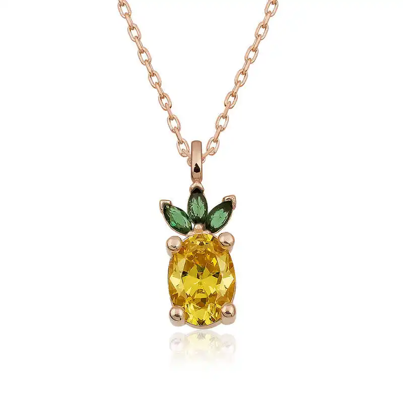 Silver Pineapple Figure Fruit Necklace Zircon Stone 925 Sterling Women Fine Jewelry Wedding Party Birthday Gift - Box - Pendant - Chain Choker - Female - Ladies - Fashion