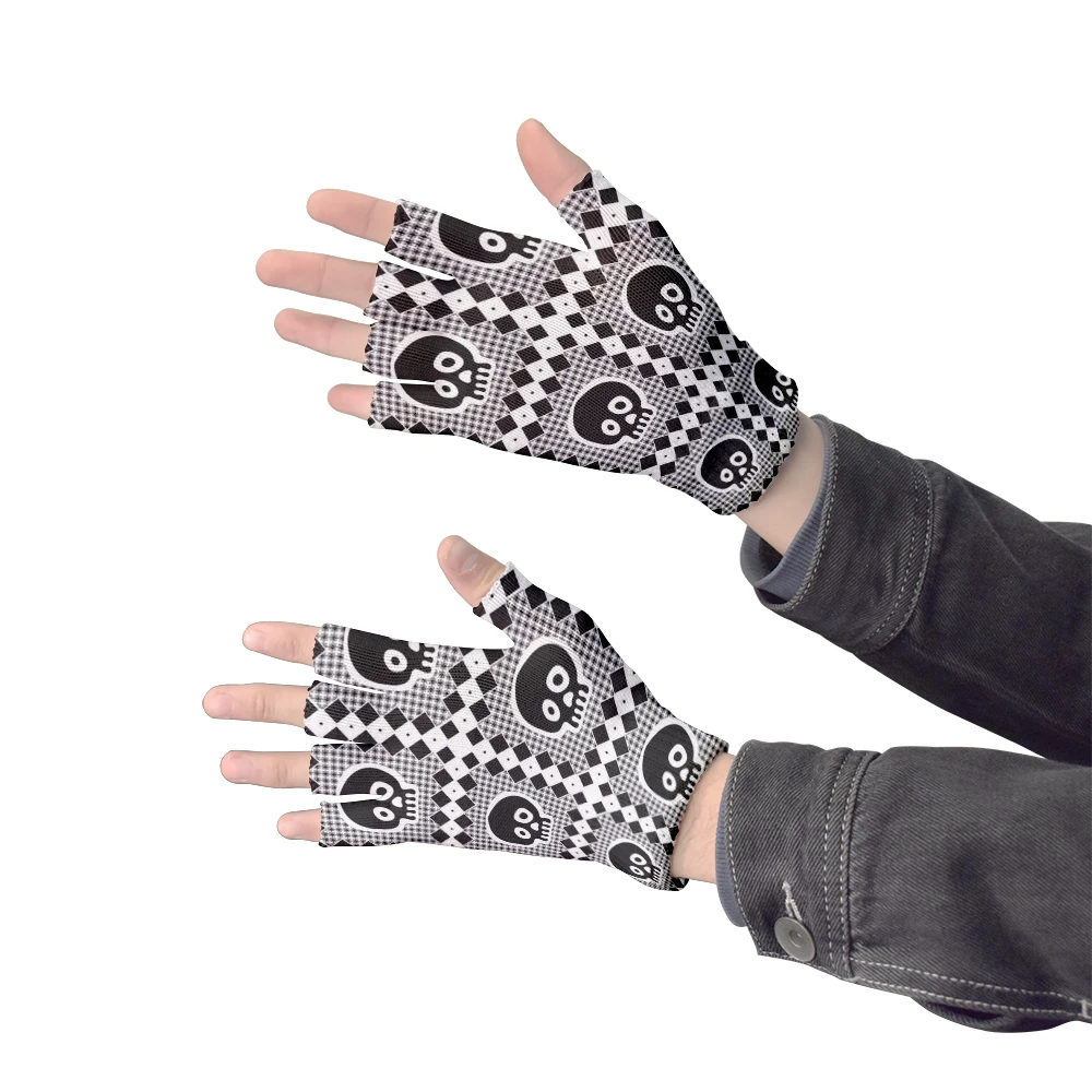 Hip Hop Gloves 3D Skull Print Unisex Winter Knitted Half Finger Gloves Women\'s Windproof Riding Touch Screen Fingerless Gloves