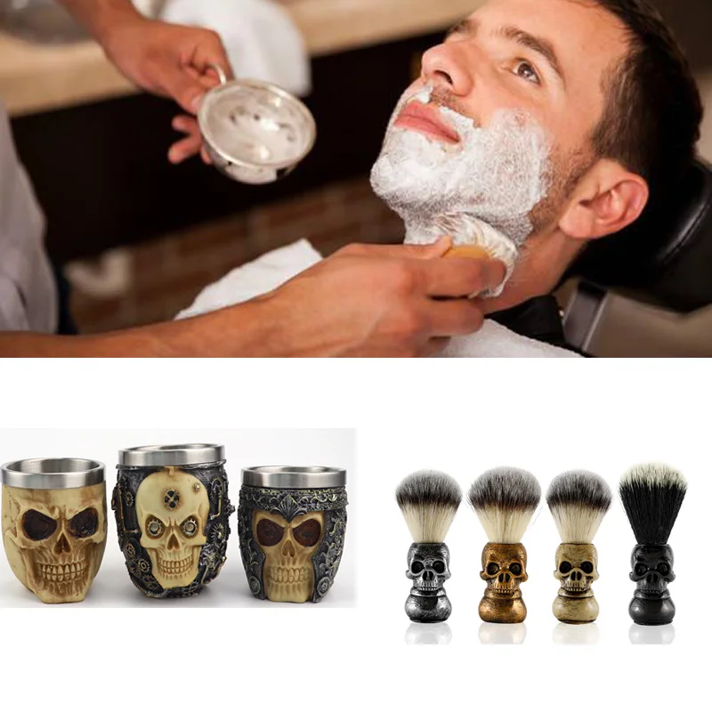 Professional Barber 2in1 Artistic Souvenir Skull Ornament Beard Cleaning Tool Foaming Soap Bowl And Shaving Brush Sets