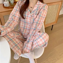 Elvoegirl Cute Grid Girls Pajamas Set Korean Autumn Winter New Long Sleeve Leisure Sleepwear Women Loose Nightwear Homewear Suit