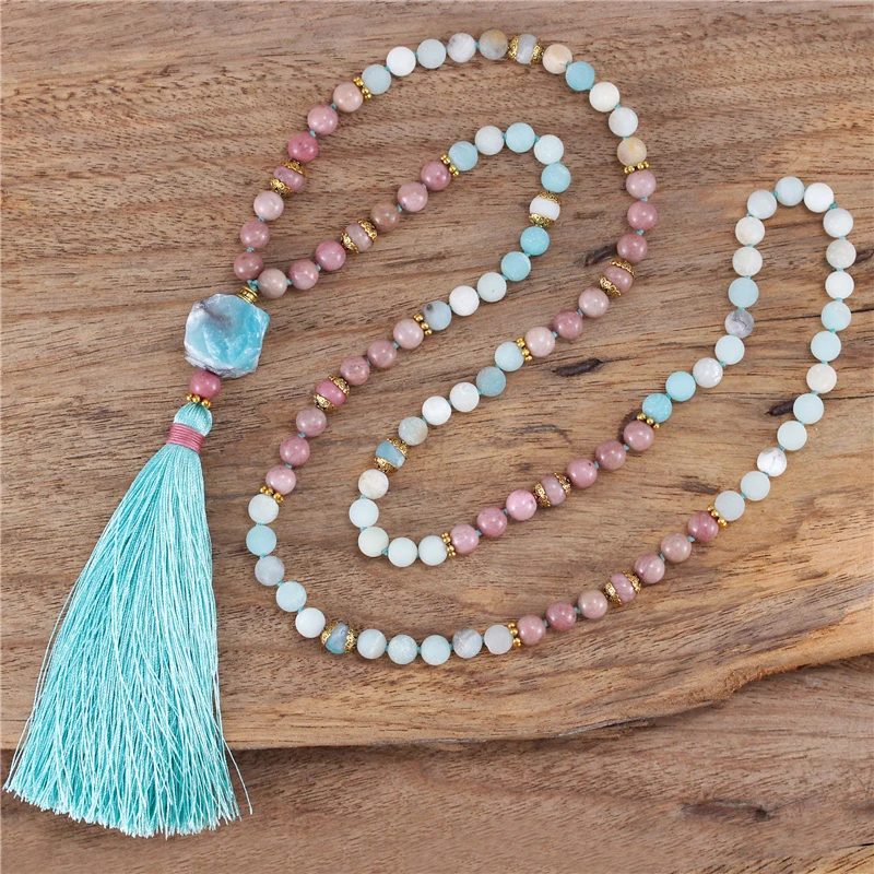 

Vintage Chic Amazonite Rhodonite Natural Stone Yoga 108 Mala Beads Necklace With Long Tassel Meditation Jewelry Dropshipping