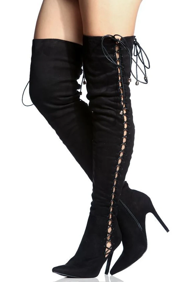 

Sexy Ladies Side Elastic Crossed Tie Thigh High Boots Women Pointed Toe Over The Knee Boots Thin Heels Suede Knight Boots