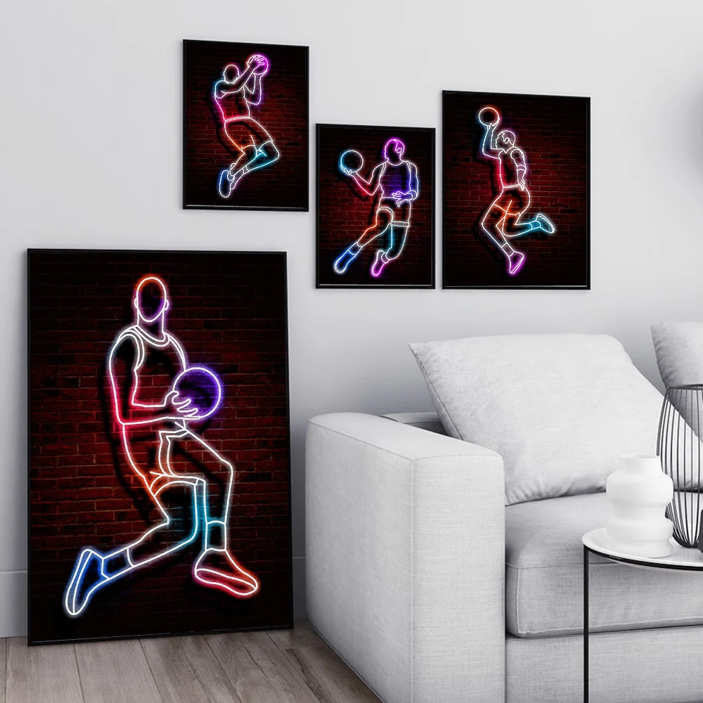 Neon Art Printed Fancy Basketball Sports Poster Street Wall Art Abstract Canvas Painting Gift Creative Men's Office Home Decorat