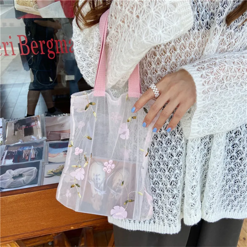 Minin Embroidered Light Clear Tote Bags Female Simple Shoulder Mesh Shipping Bags Floral Beach Eco Fruit Bag Purse for Girls New