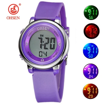 Novo design relógio para menina mulher esporte digital lcd relógio 50m mergulho roxo silicone cinta dos desenhos animados crianças relógio de pulso presente do miúdo