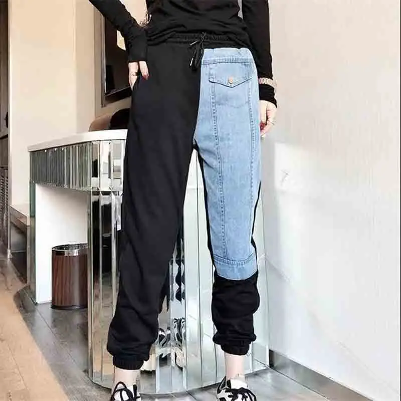 AB Face Denim Stitching Trousers Wei Pants Women Spring Autumn New Trousers Casual Sports Nine-Point Pants Female Sweatpants