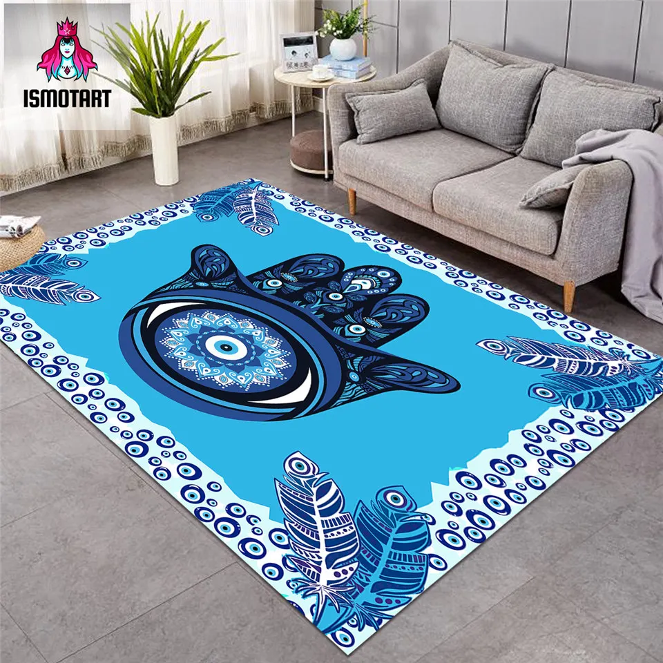 Hamsa by Ismot Esha-alfombras grandes para sala de estar, Tapis de plumas de pavo real, Alfombra de área azul a mano, Mandala, mal de ojo, 152x244cm