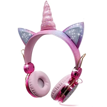 Cuffie rosa per bambini con unicorno per ragazze, bambini, adolescenti, cuffie cablate con microfono per regalo di unicorno di Natale, compleanno scolastico